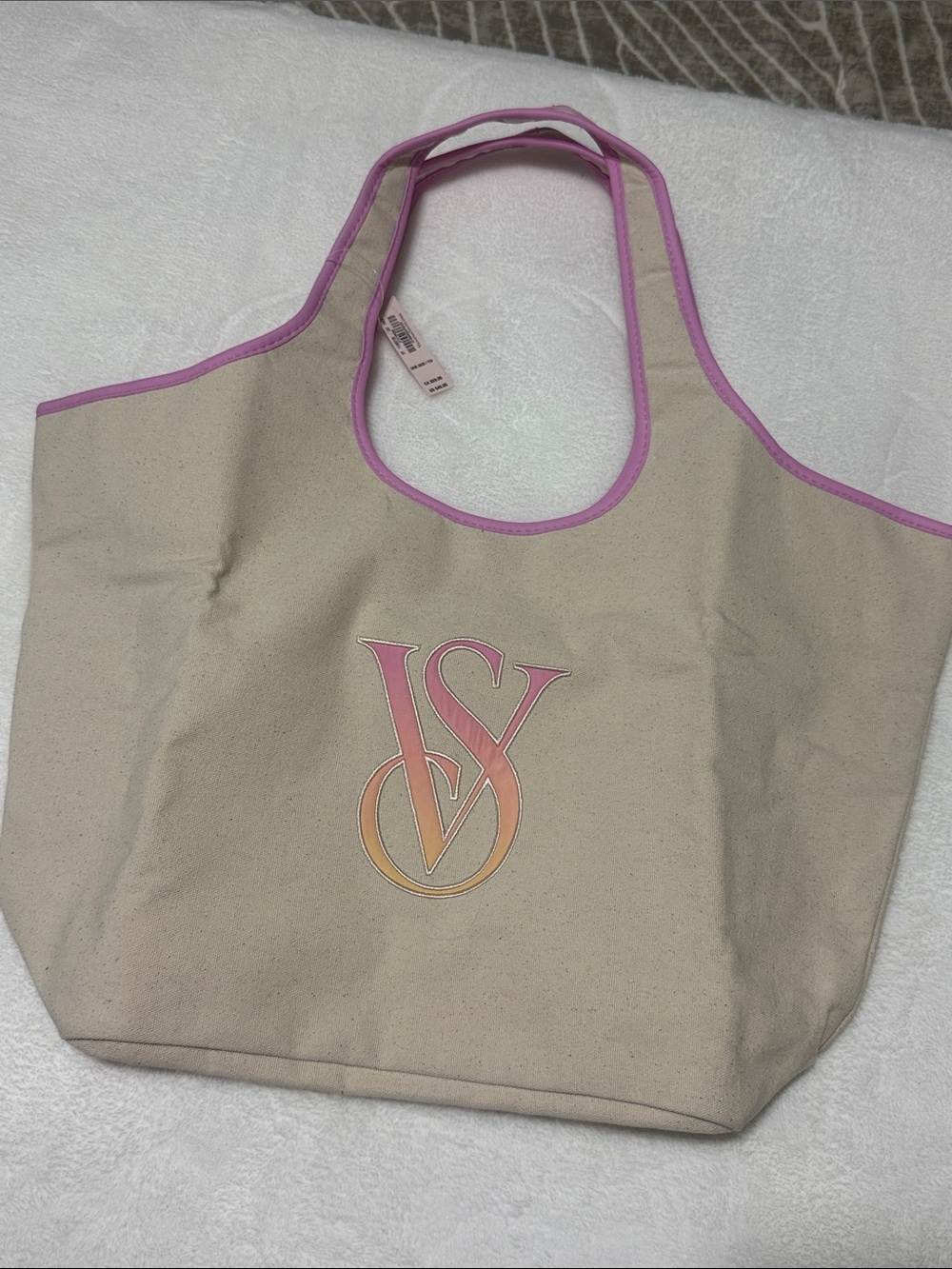 Victoria's Secret Neutral Canvas Tote with Pink Trim and Gradient VS Emblem